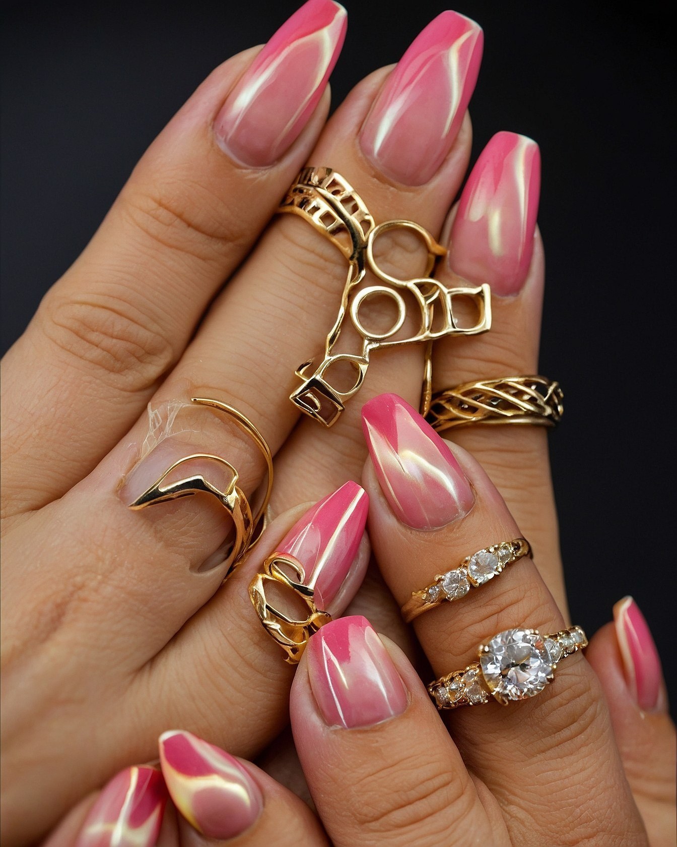 Sleek Stilettos Contrasted with Ornate Gold Rings