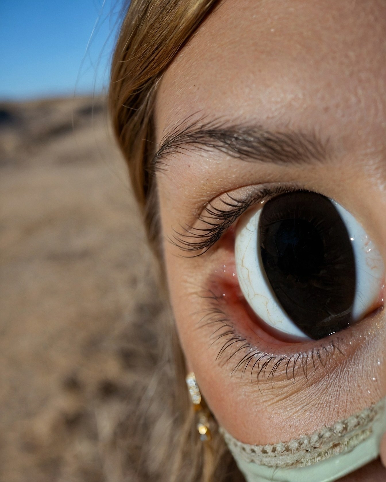Extreme Close-Up of an Eye Against a Desolate Landscape