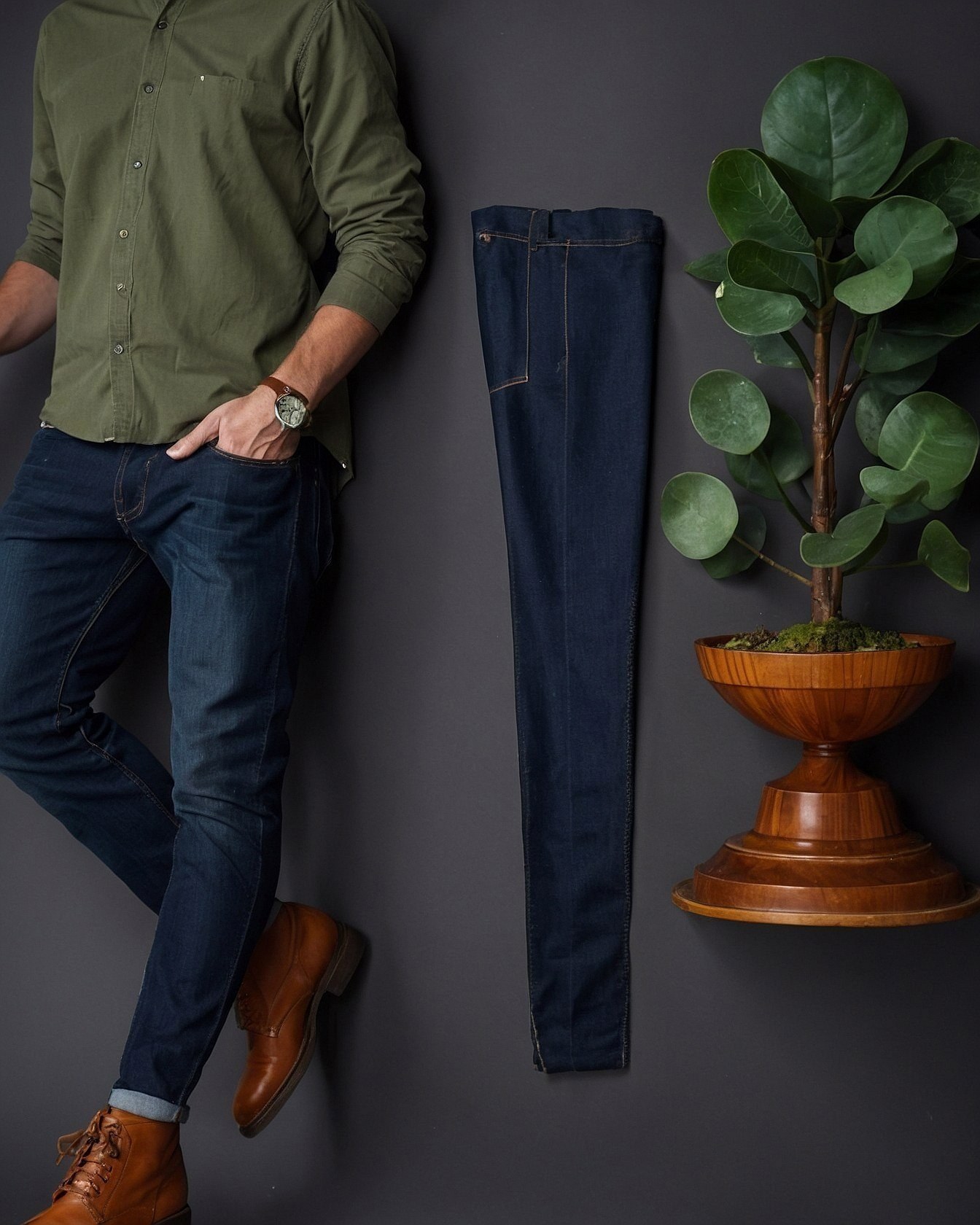 Sharp Denim Contrasted with Relaxed Olive Button-Up