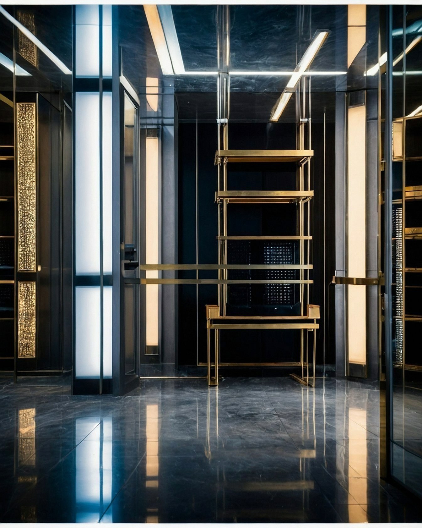 Glossy Marble Floor Meets Structured Gold Shelving
