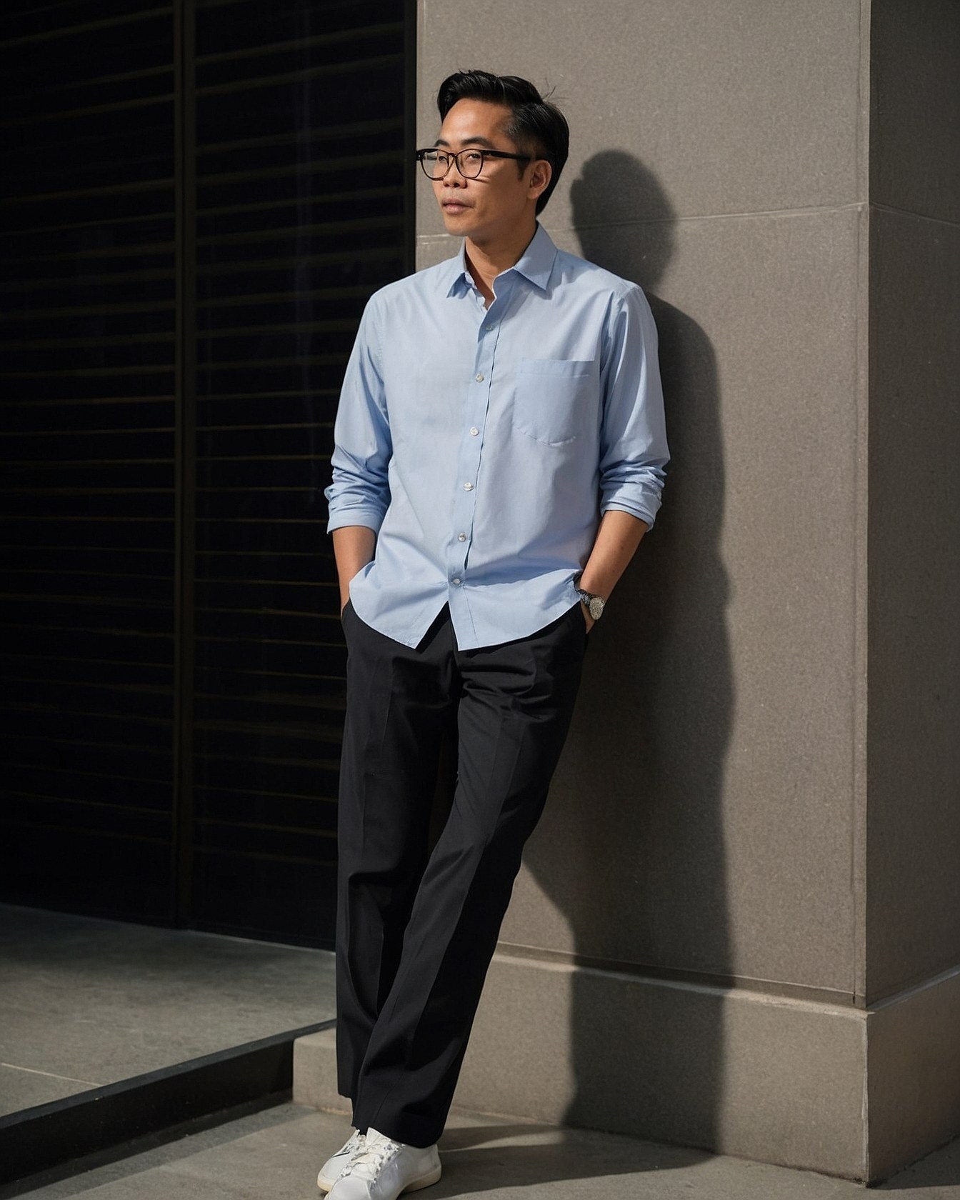 Clean Contrast: Light Blue Shirt Meets Dark Trousers