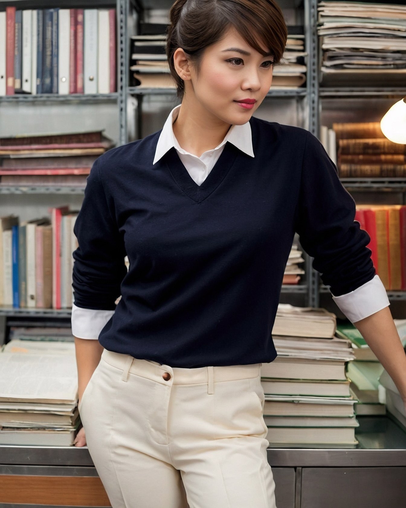 Crisp Collar Meets Soft Knit in a Library Setting
