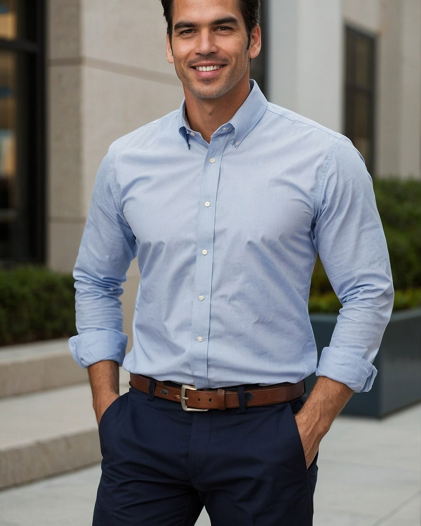 Crisp Light Blue Button-Down Meets Deep Navy Trousers