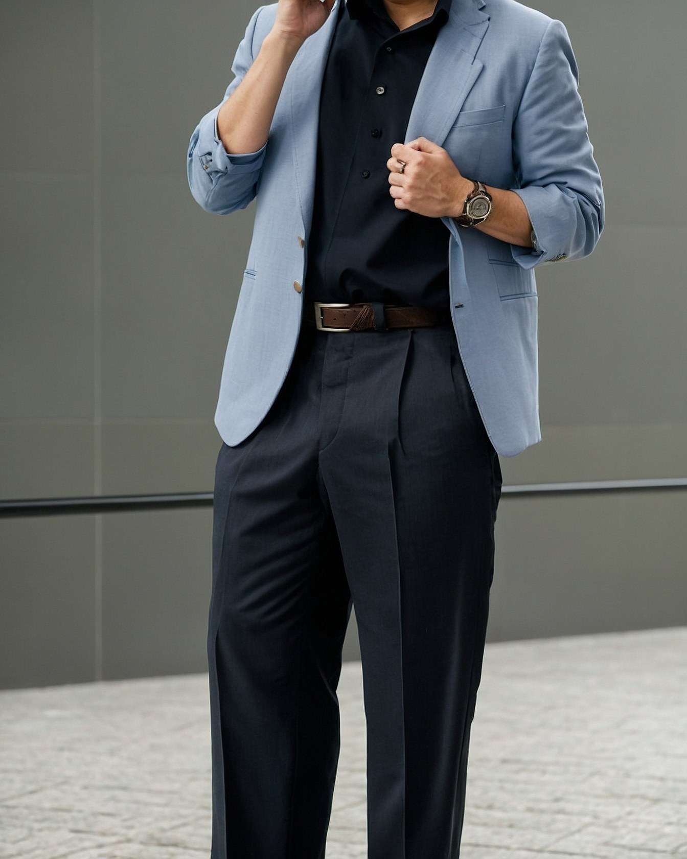 Soft Blue Blazer Meets Dark Trousers