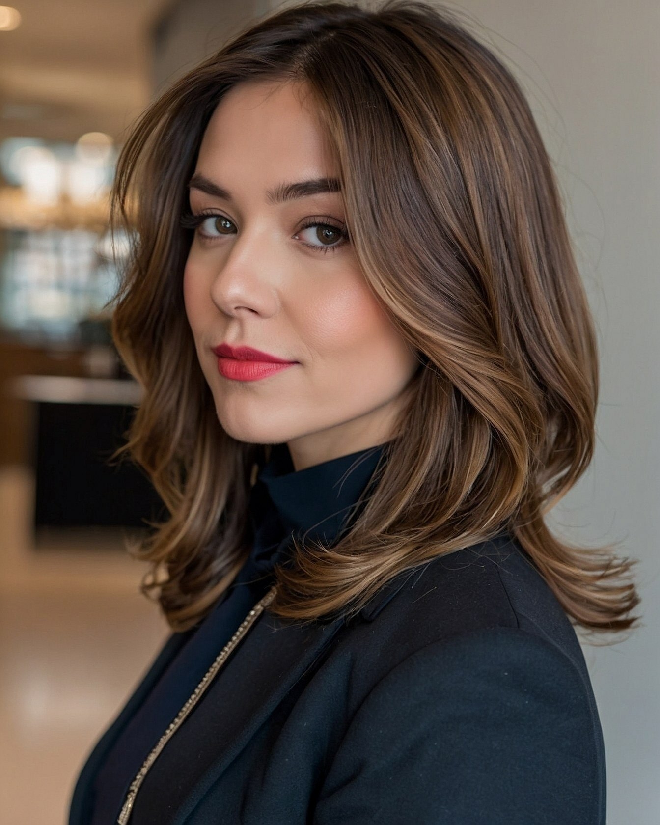 Structured Blazer Meets Soft Waves and Bold Lip