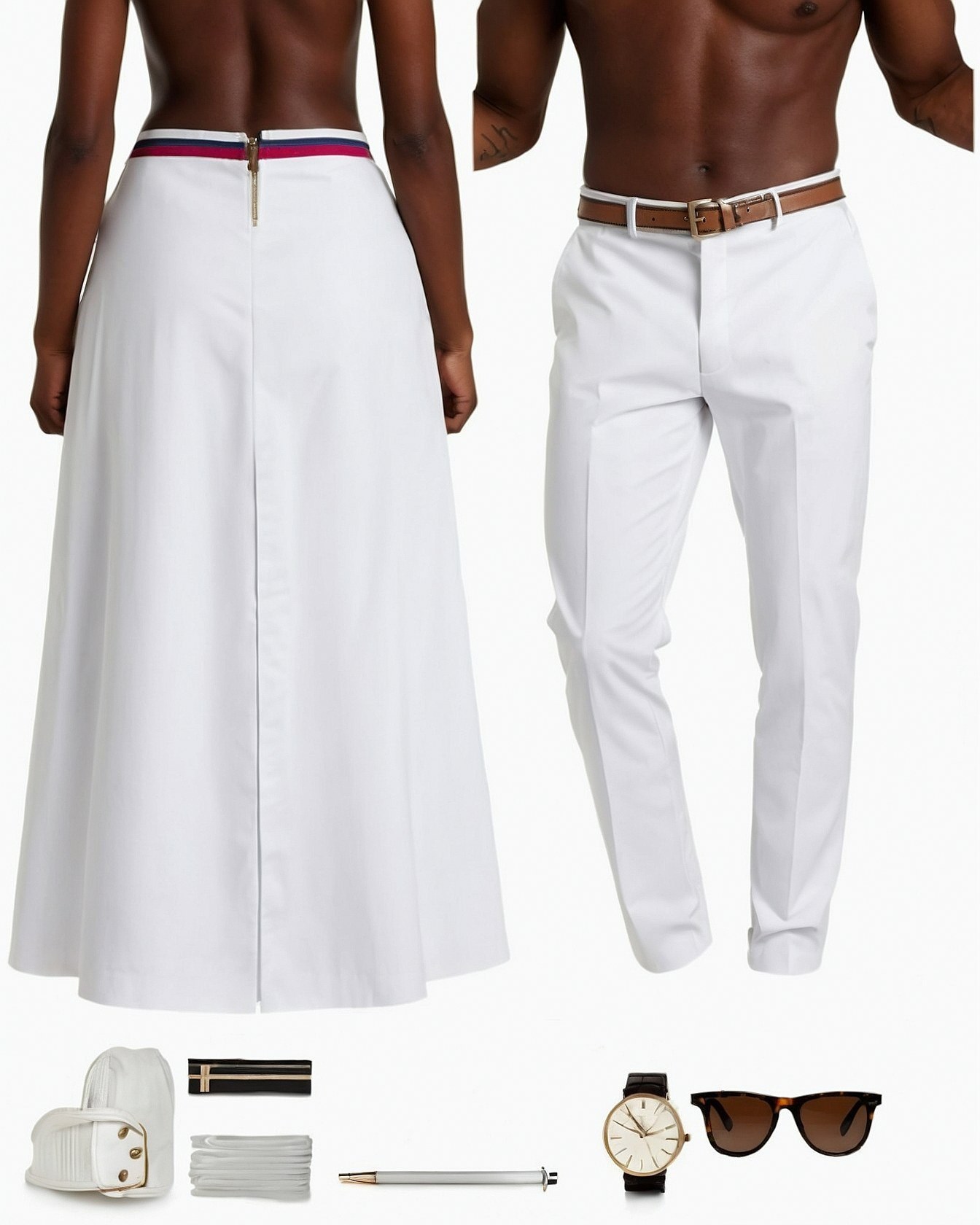 Crisp White Trousers and Flowing Maxi Skirt