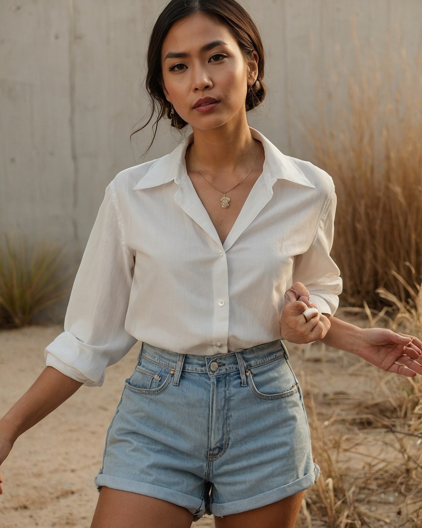 Crisp Shirt Meets Relaxed Denim in Warm Light
