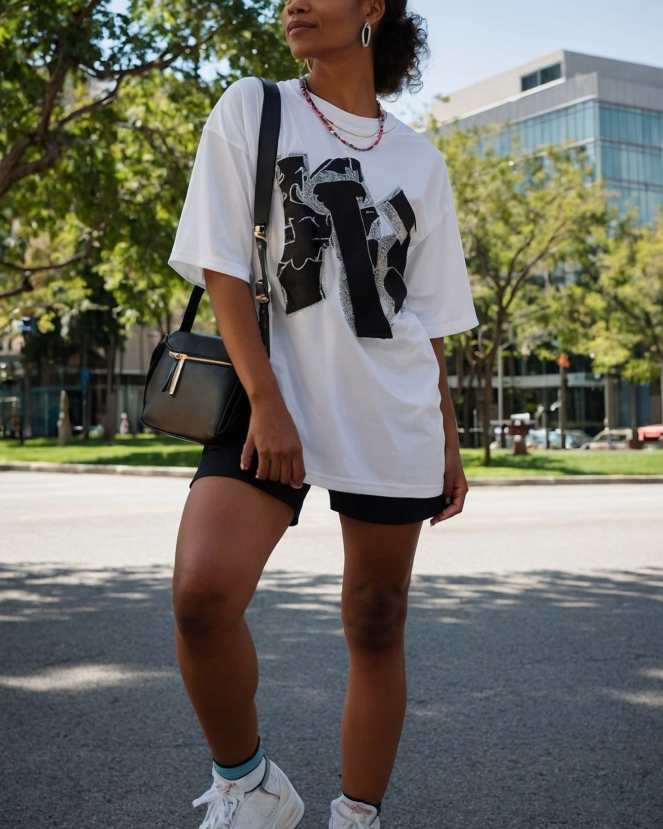 Urban Oasis: Contrasting Loose Tee with Athletic Shorts