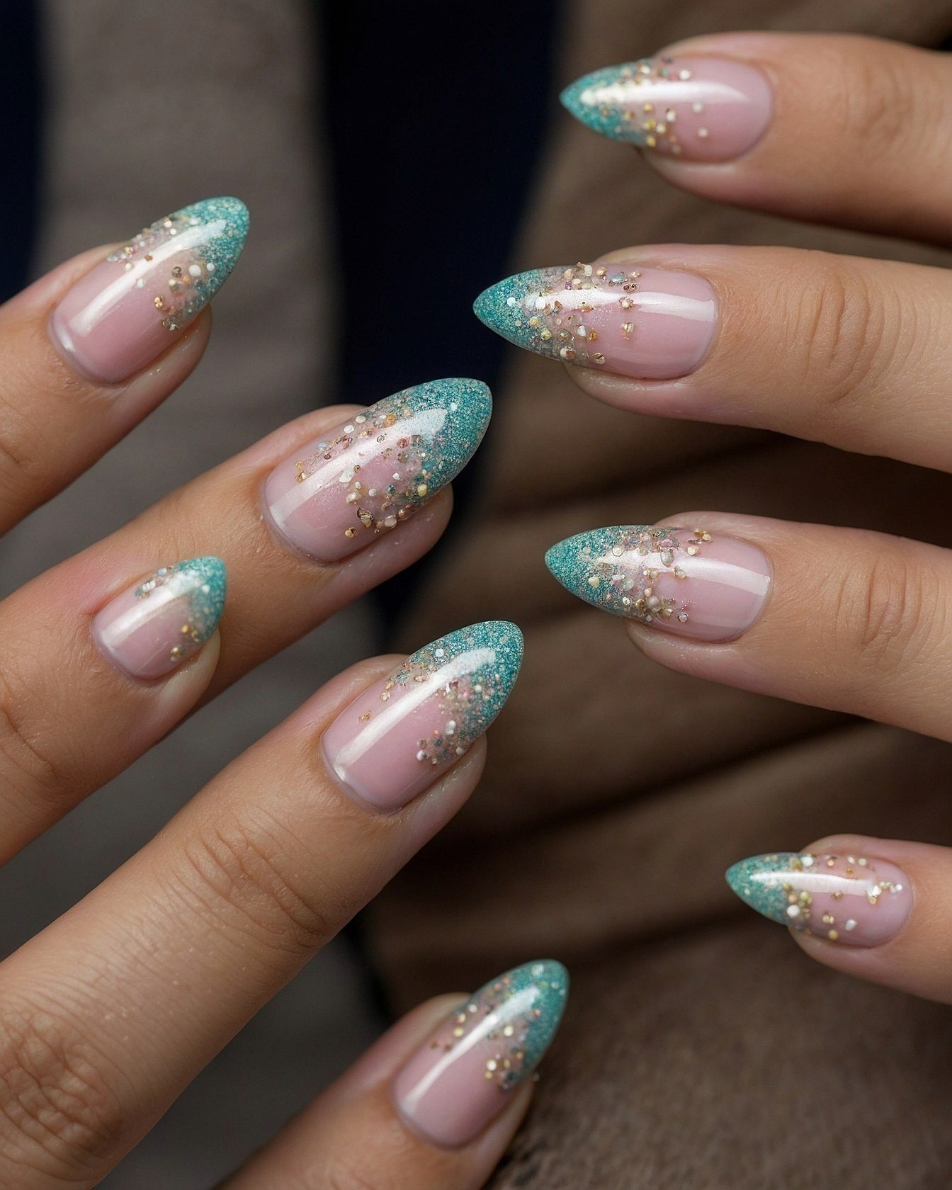 Sparkling Teal Ombre Meets Subtle Gold Detail