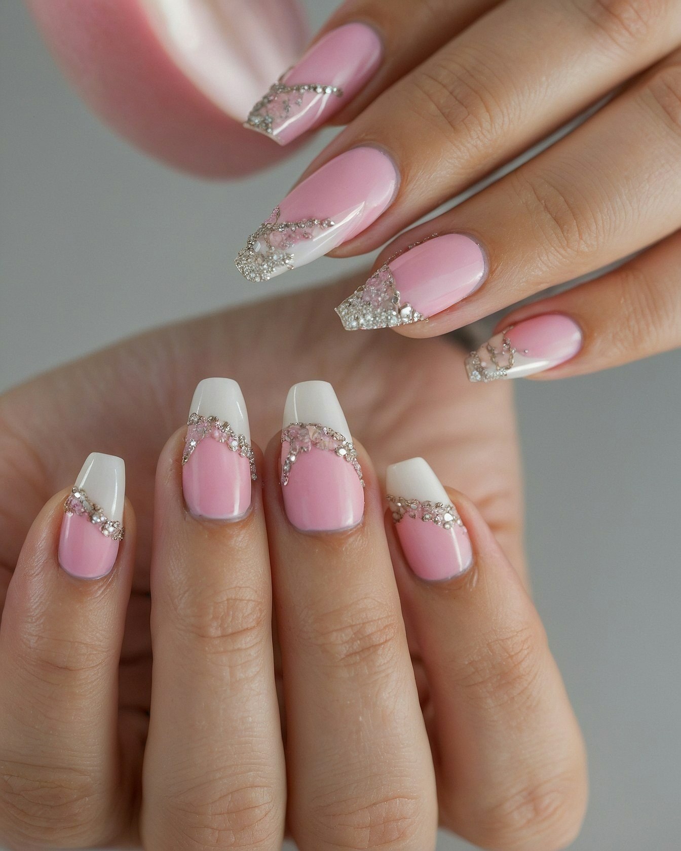 Elegant Pink and White French Tips with Glitter Accents