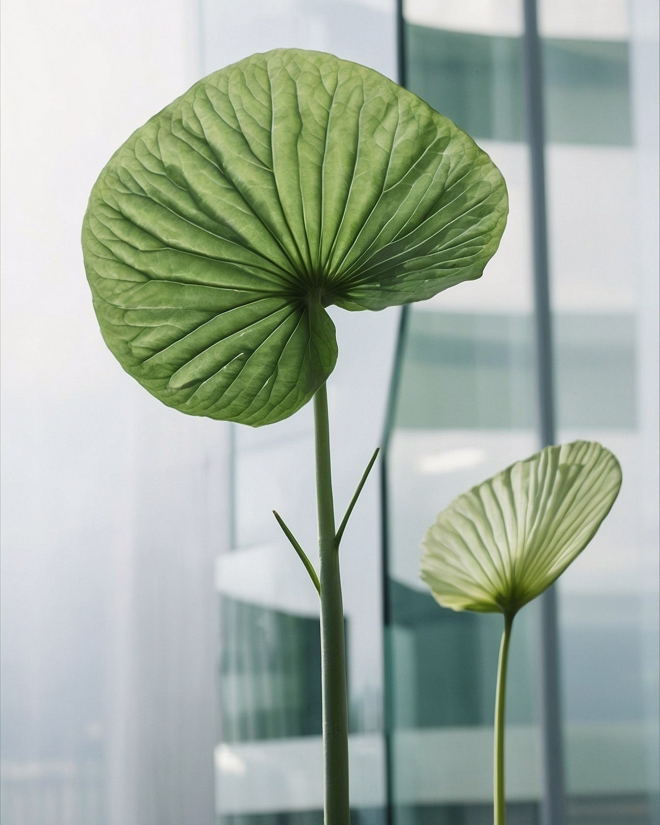 Stiff architectural glass meets the organic fan of a giant green lotus leaf