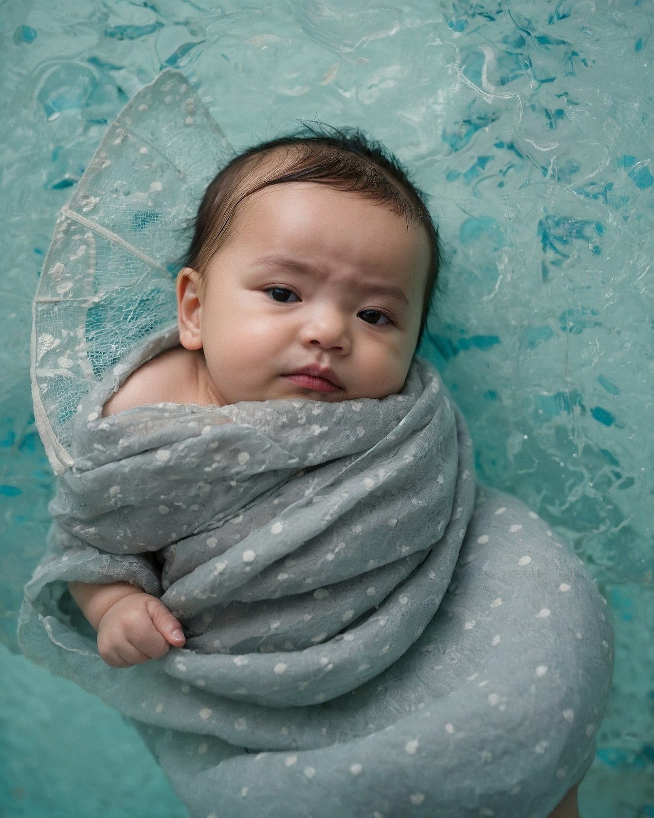 A Swaddled Newborn Resting Against Shimmering Seafoam Water