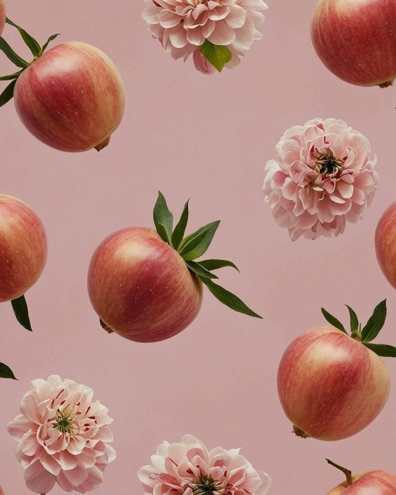 Floating Pink Dahlias And Apples Against A #cfafb6 Backdrop