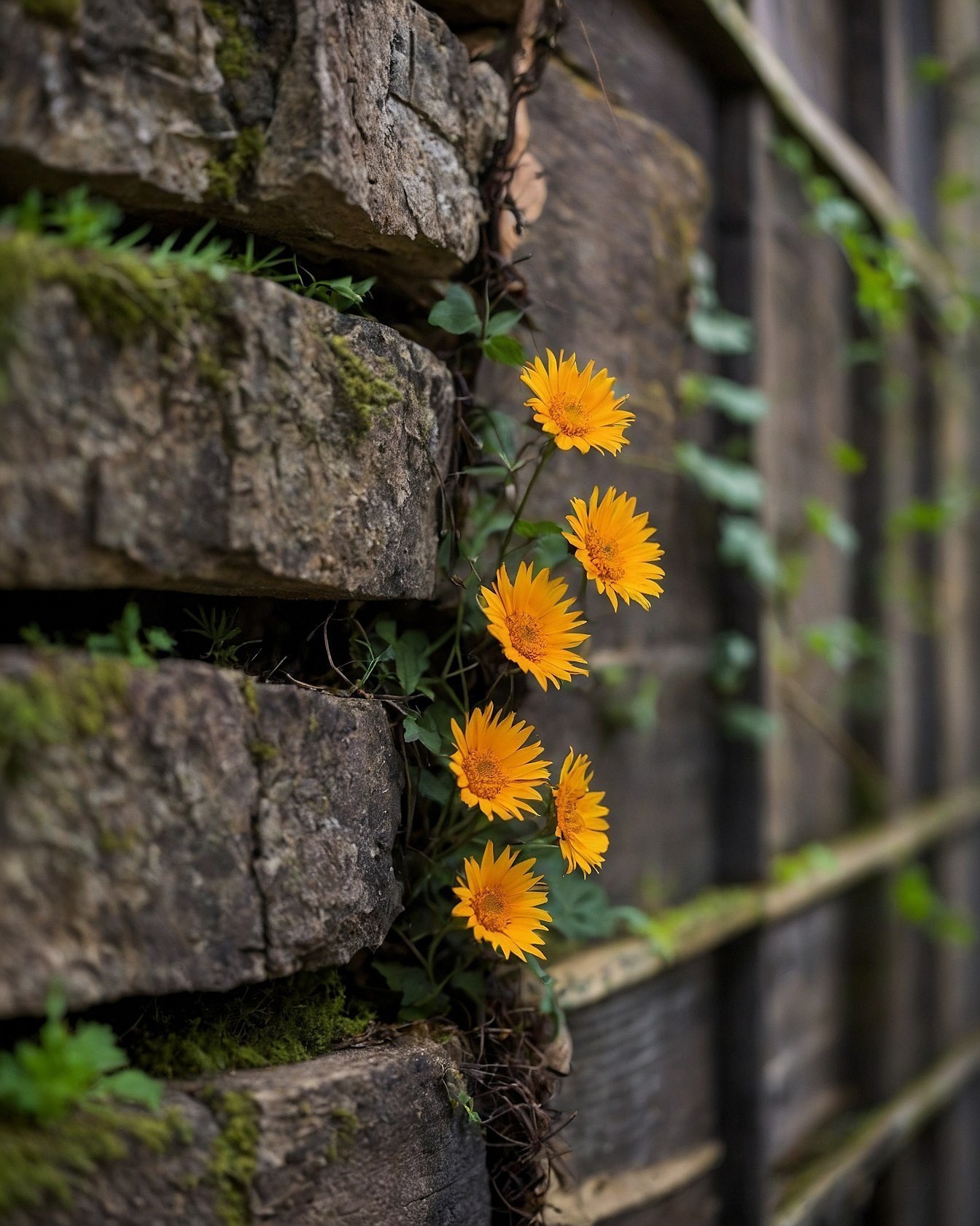 Vibrant Orange Blossoms Sprouting From Rough Weathered Stone Wall