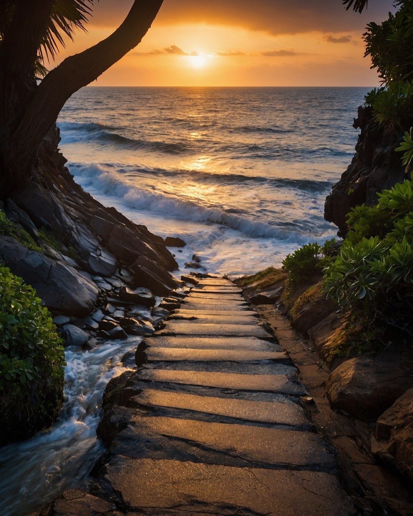 Rugged stone steps leading toward a golden ocean sunset