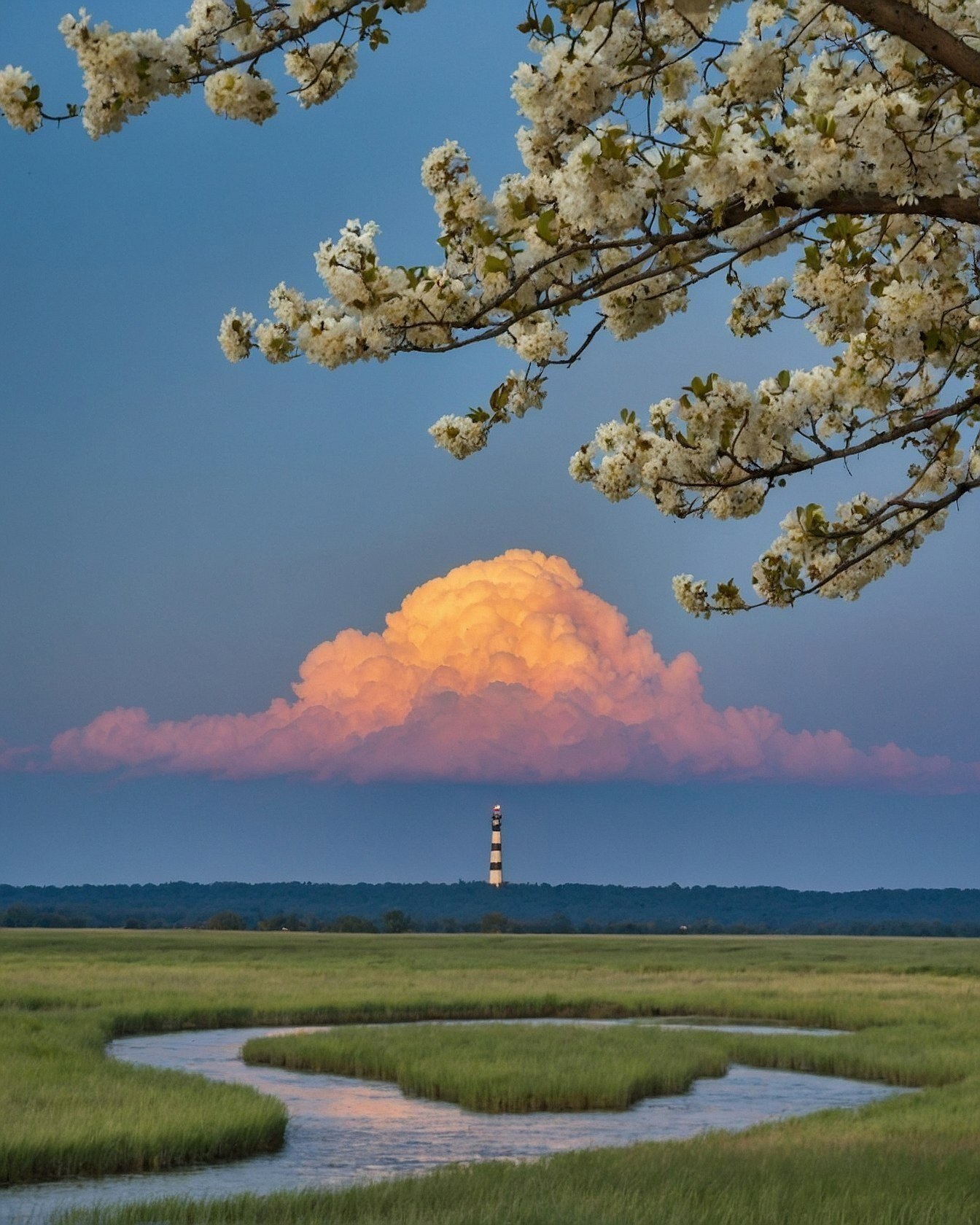 Delicate white blossoms framing a glowing #528cc6 twilight sky