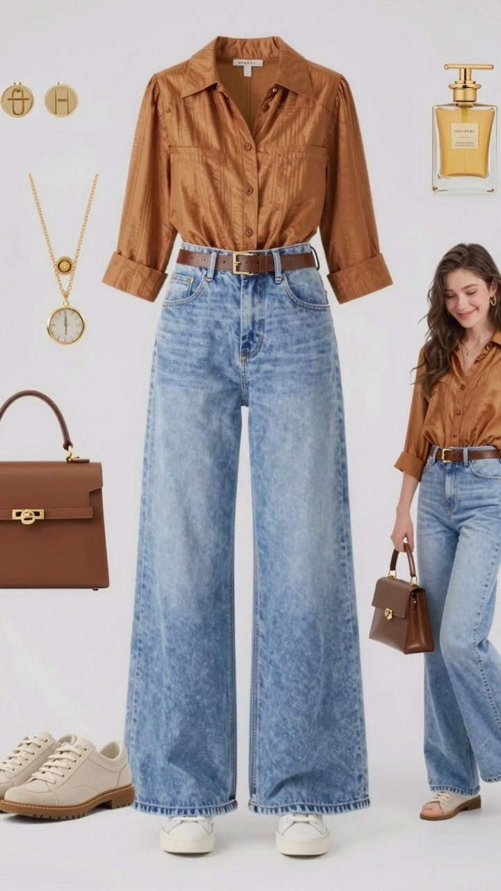 Pairing A Warm Brown Shirt With Relaxed Denim Jeans
