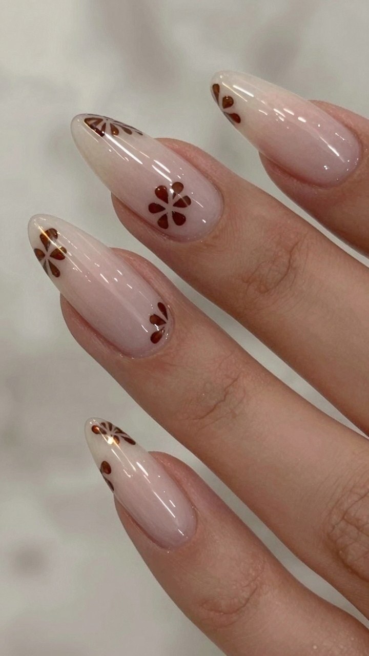 Adding Warm Brown Floral Accents to Summer Almond Nails