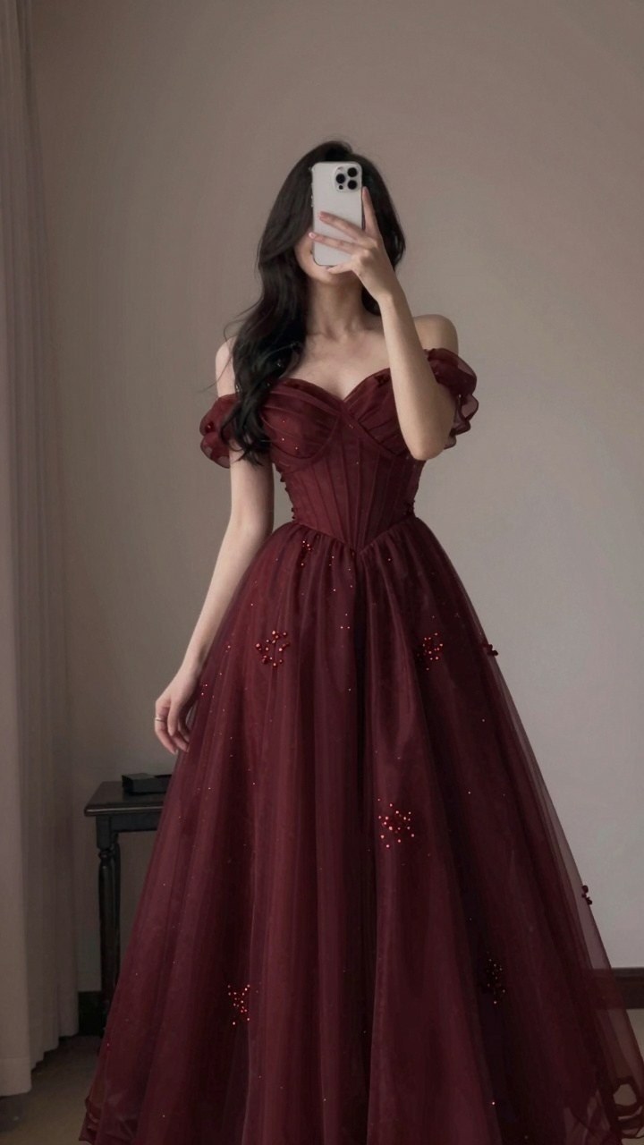 Styling an Off Shoulder Dark Red Ball Gown