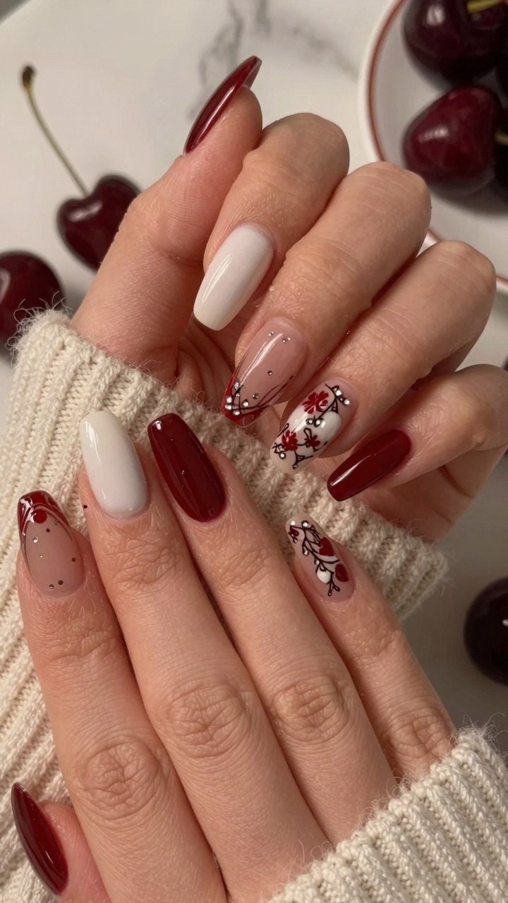 Chic Red And White Cherry Nail Art Trends