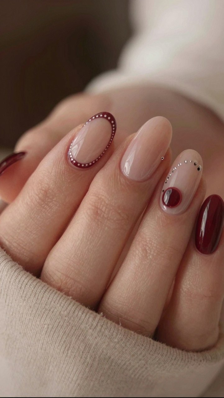 Minimalist Red Nail Art with Tiny Dots and Clean Lines