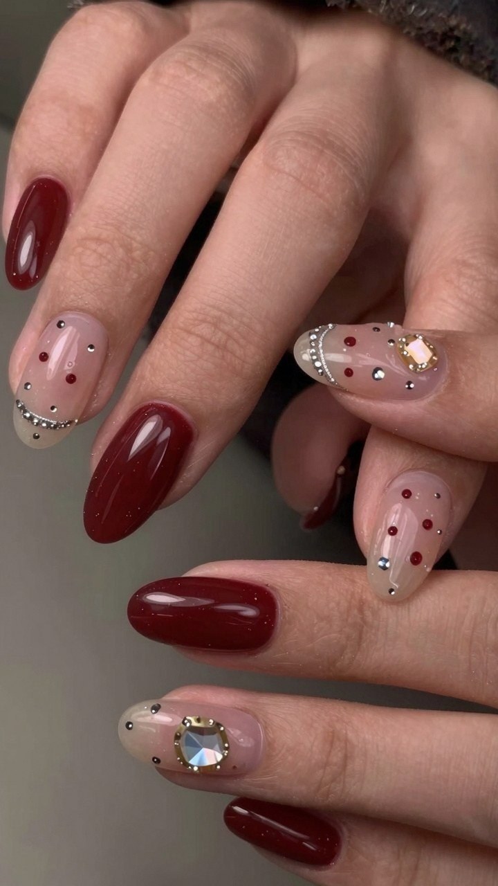 Adding Tiny Gemstones And Dots To Almond Nails