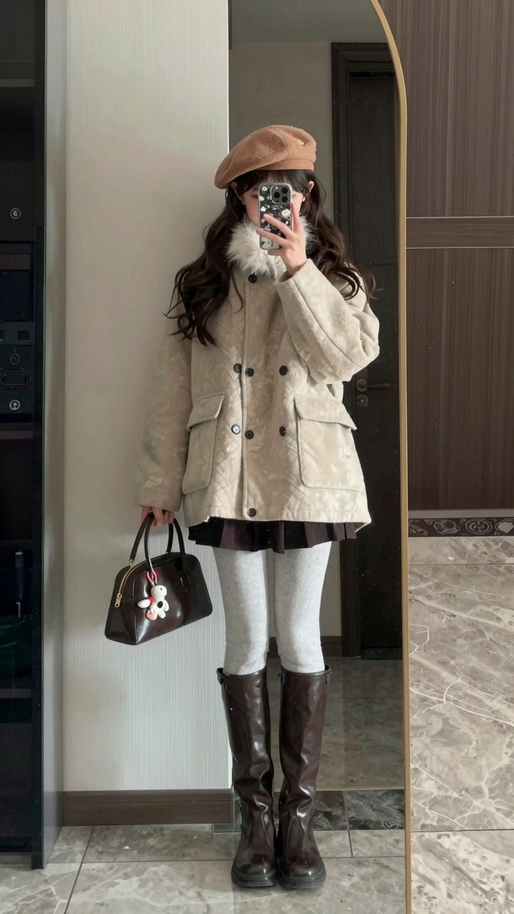 Layering Pleated Denim Skirts with Cozy Hats and Tights