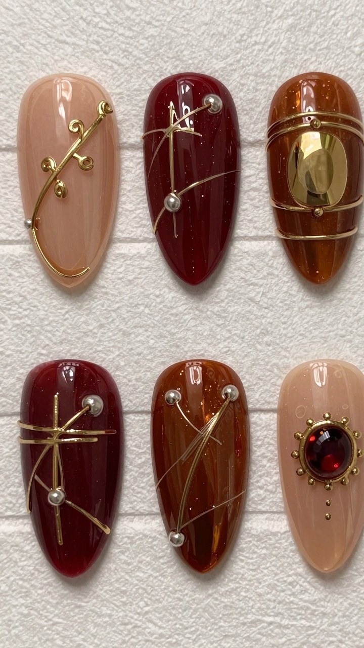 Minimalist Gold Wire and Gem Pumpkin Press On Nails