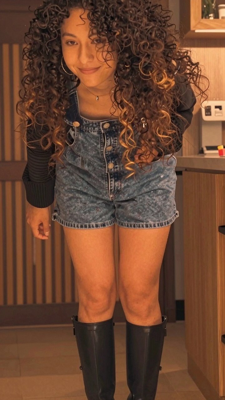 Layering Denim Overalls with Knee High Boots for Cooler Days