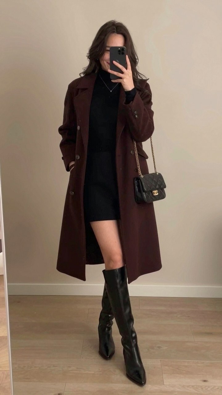 Layering an Espresso Wool Overcoat over Simple Black Layers