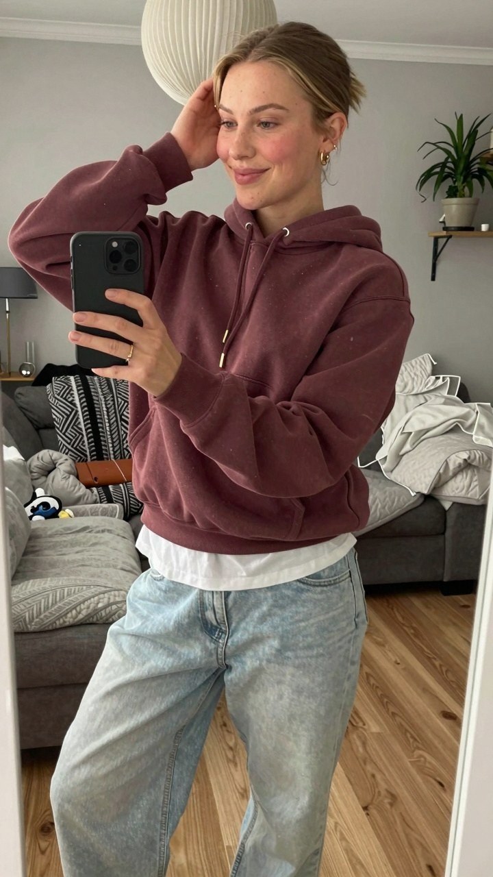 Styling an Oversized Maroon Hoodie with Light Wash Denim