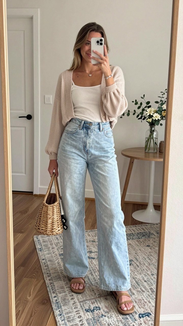 Styling Cream Open Cardigans with Light Wash Denim