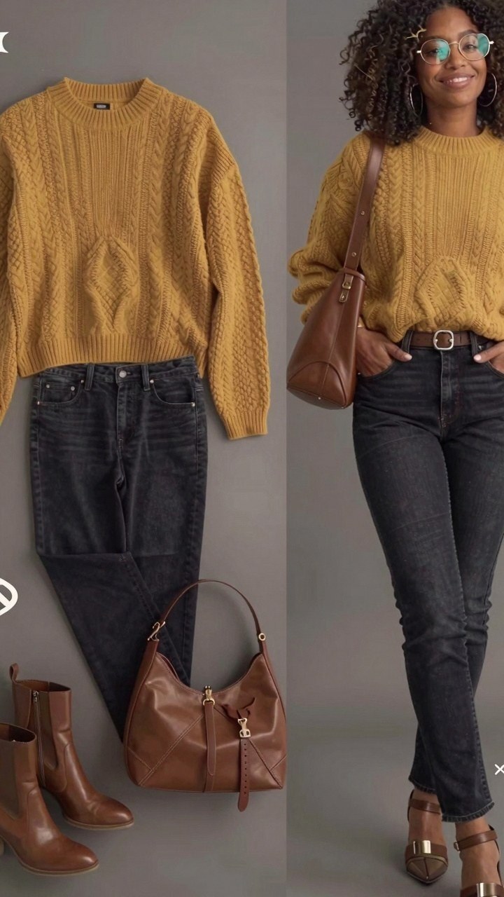 Pairing a Mustard Cable Knit Sweater with Dark Jeans