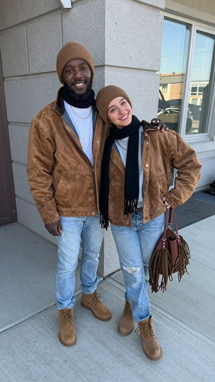 Matching Suede Jackets and Knit Beanies for Chill Days