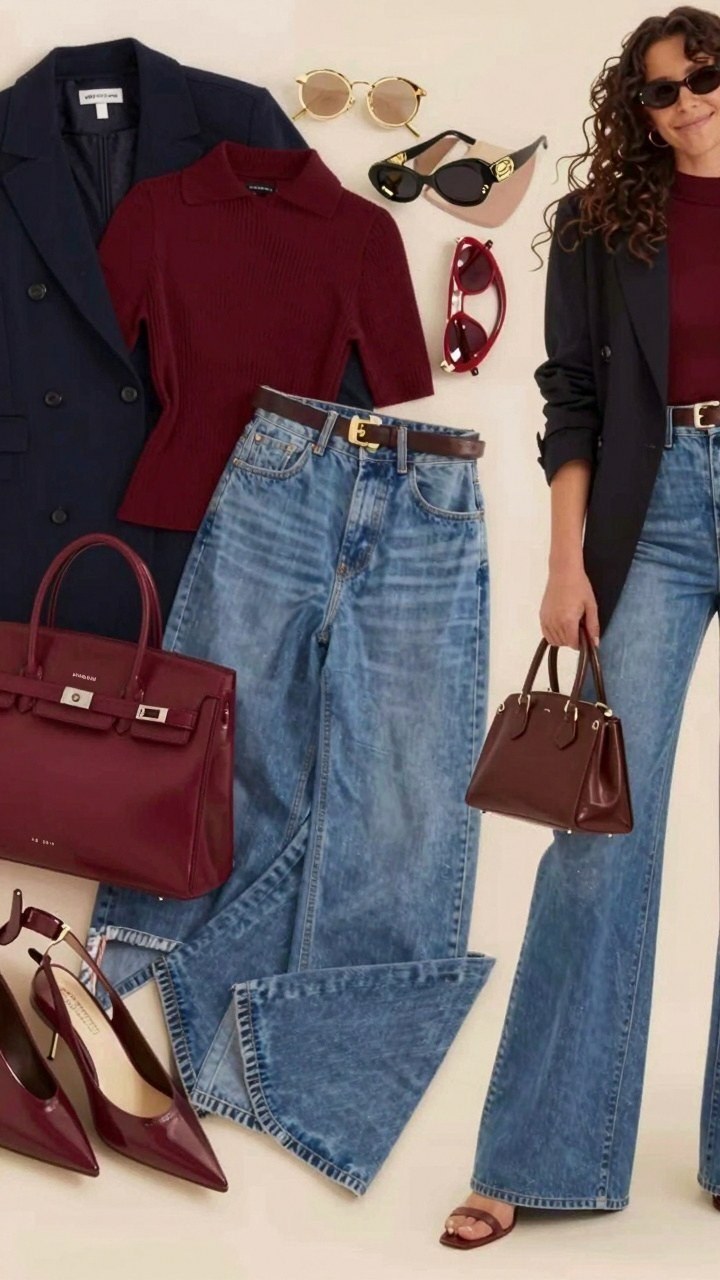 Mixing Burgundy Knit Tops With Blue Denim Jeans