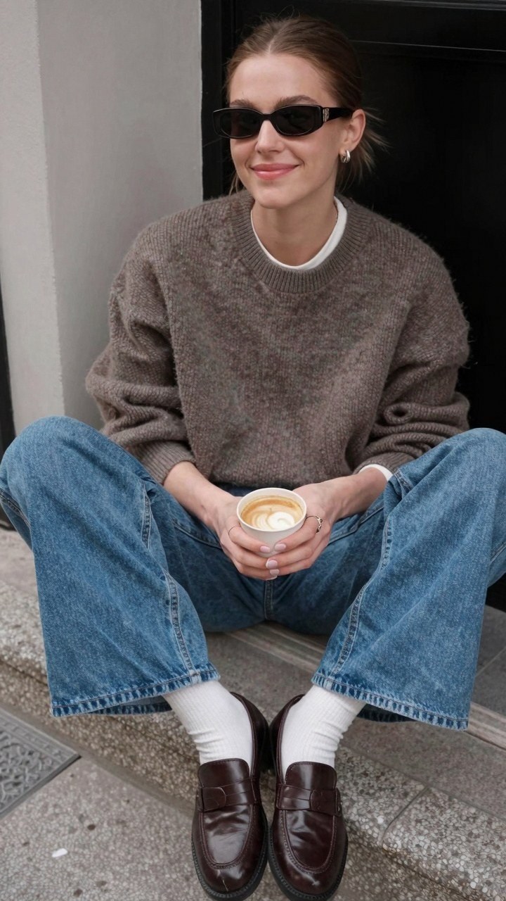 Layering a Textured Brown Sweater with Classic Loafers