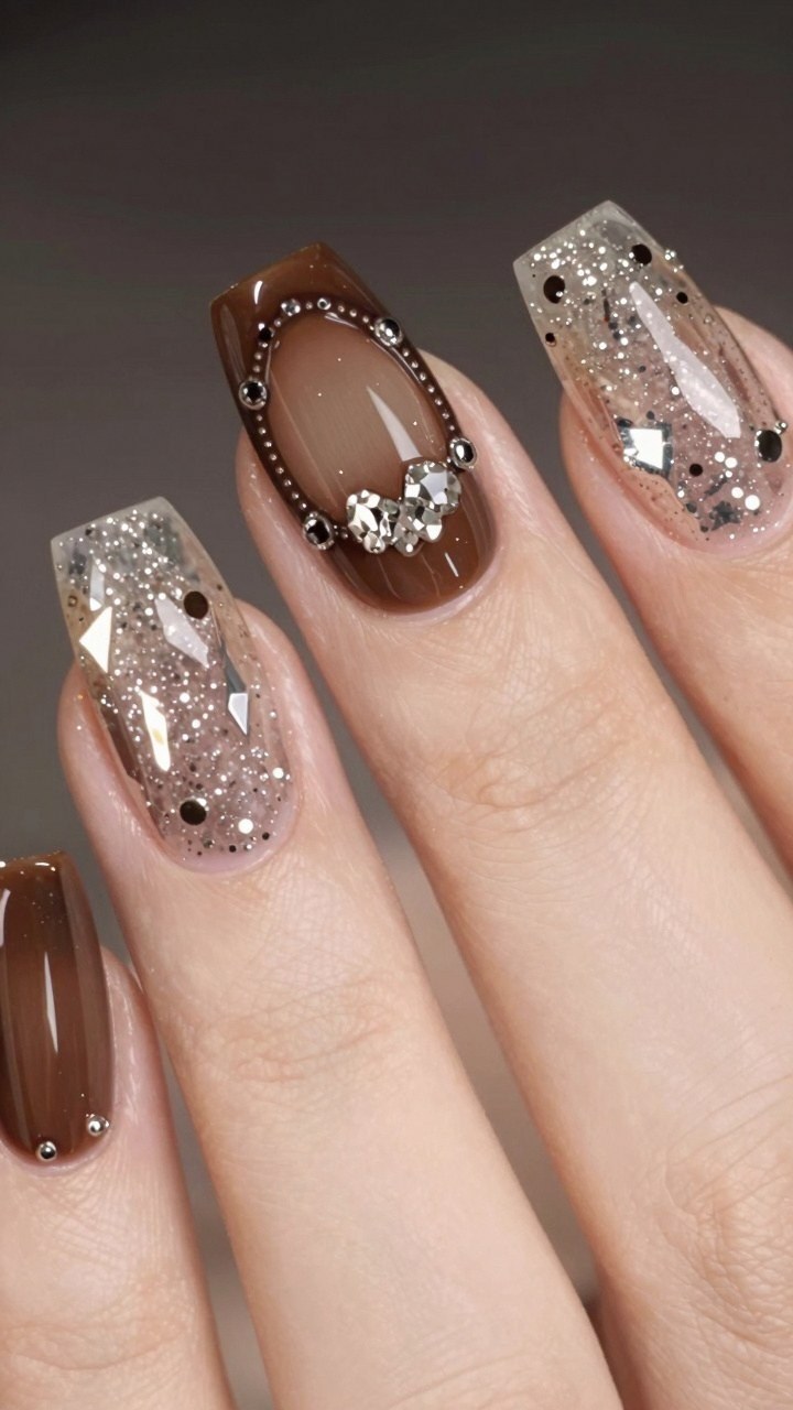Pairing Bronze Metallic Nails With Textured Glitter Accents