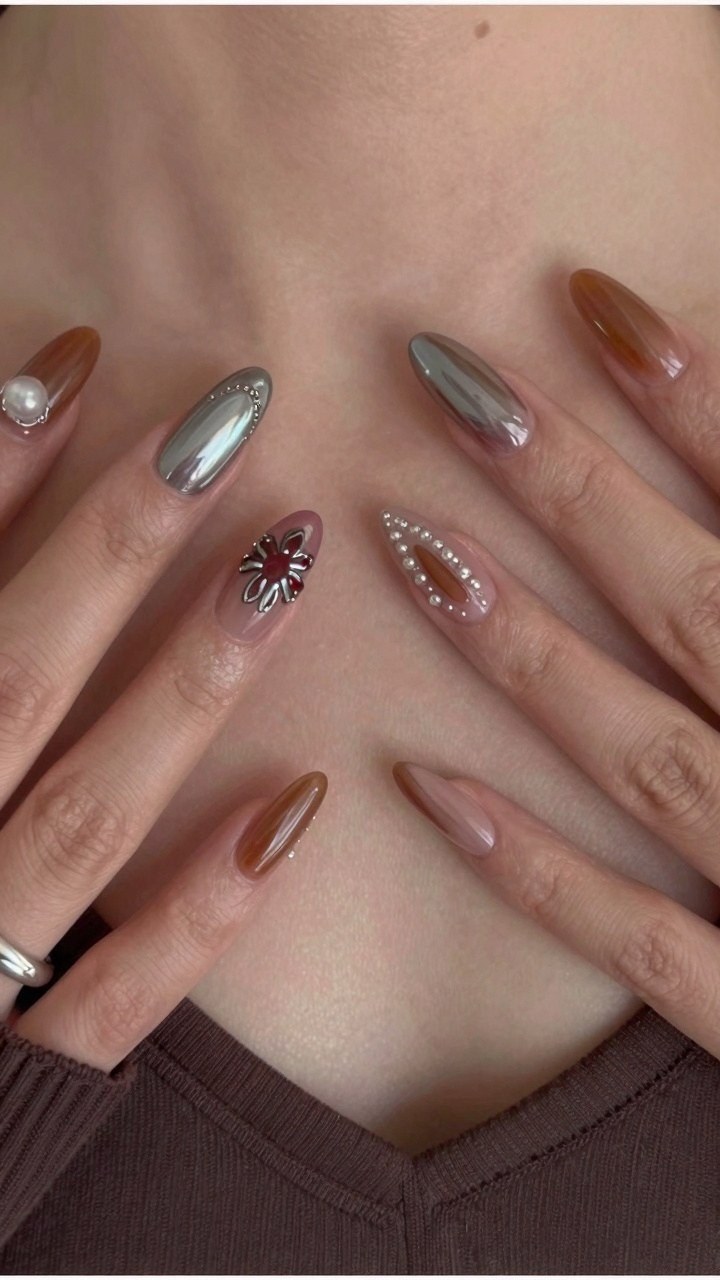Adding Pearl and Metal Charms to Cat Eye Stiletto Nails