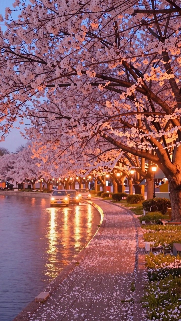 Framing a Train Track Beneath Overhead Cherry Blossoms