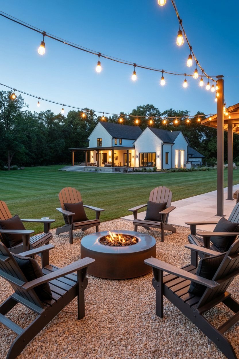 Adirondack chairs embrace a warm fire pit glow
