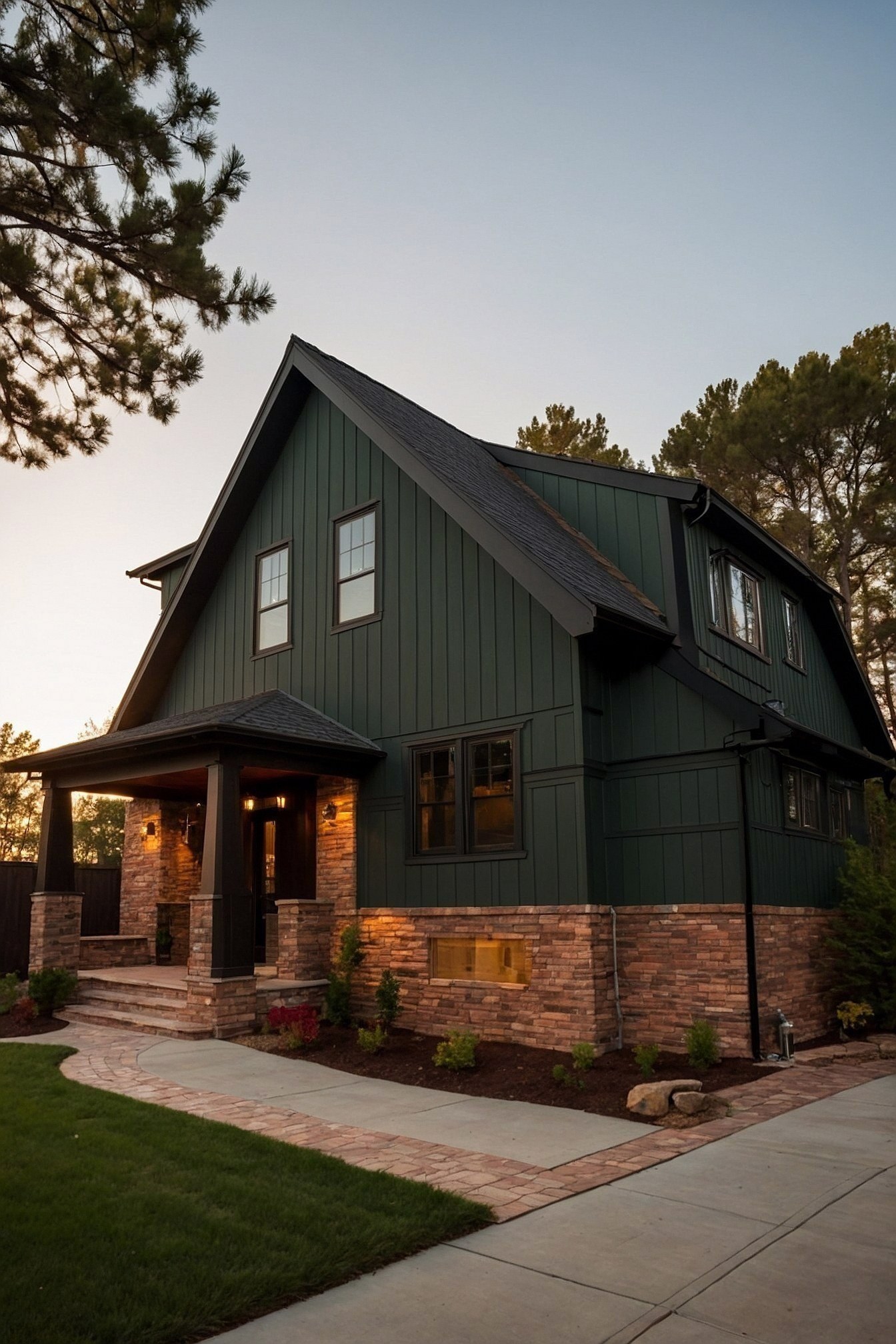 Dark Green Siding Meets Rustic Stone Facade