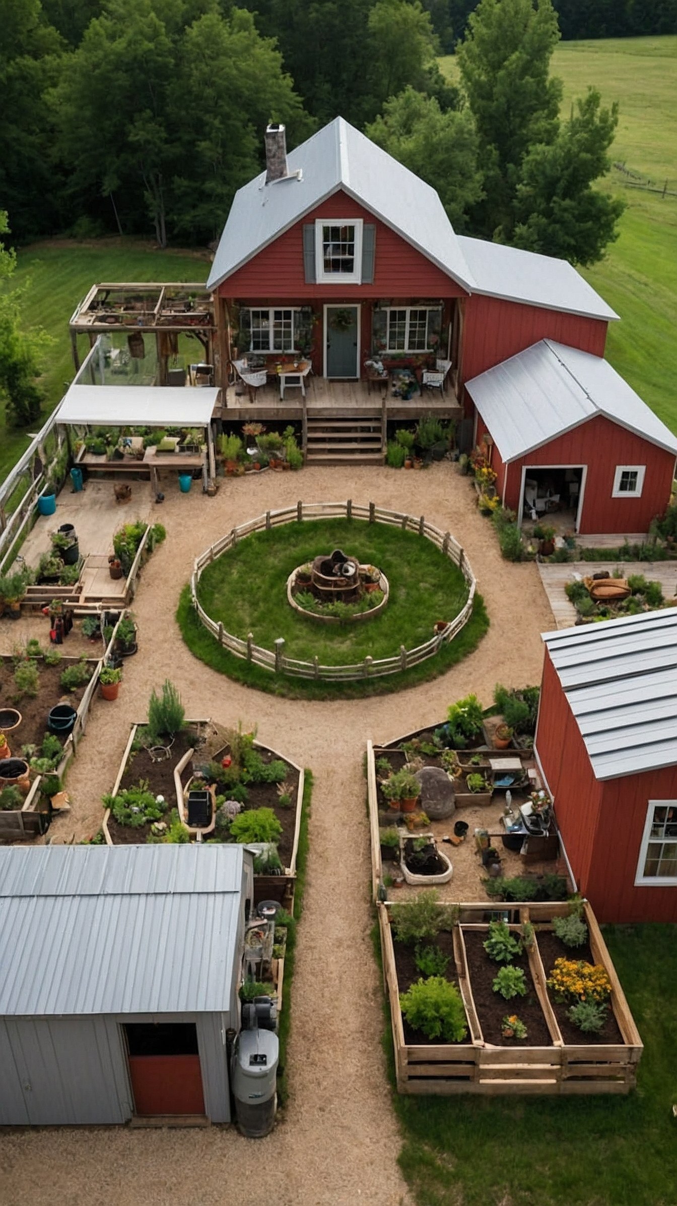 Warm Red Barns Amidst Lush Greenery