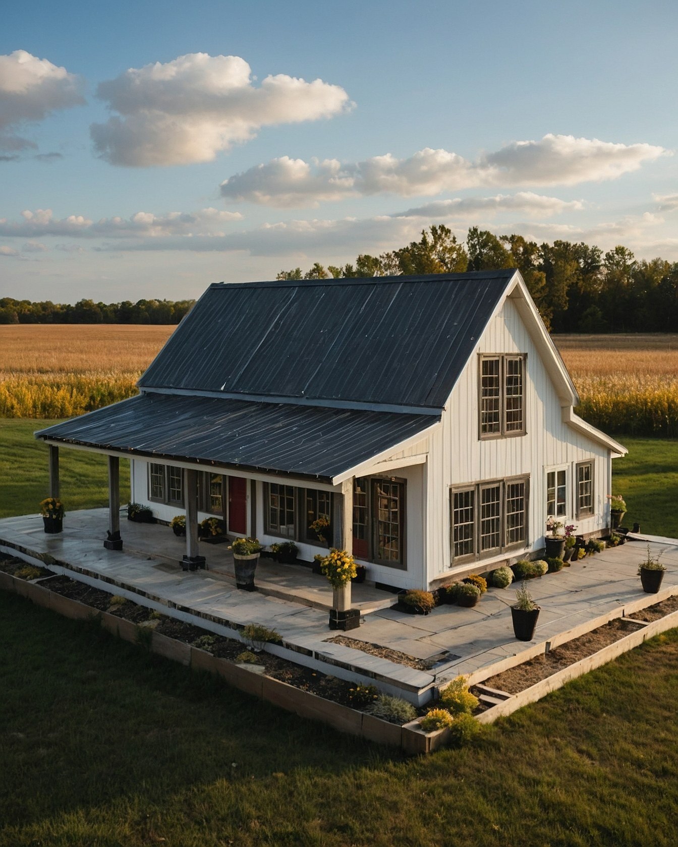 A modern farmhouse porch with a natural setting