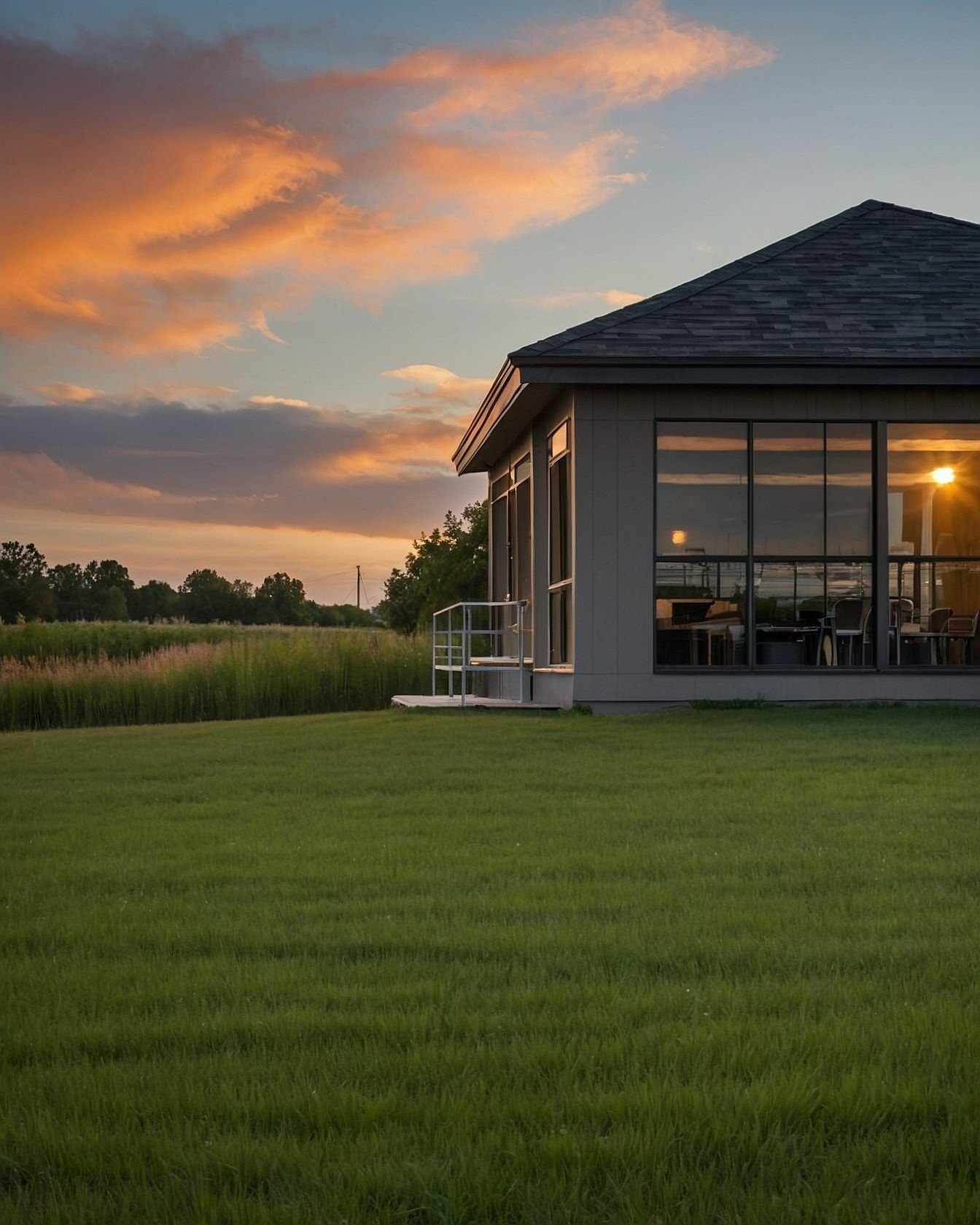 Sunlight catches the windows at dusk