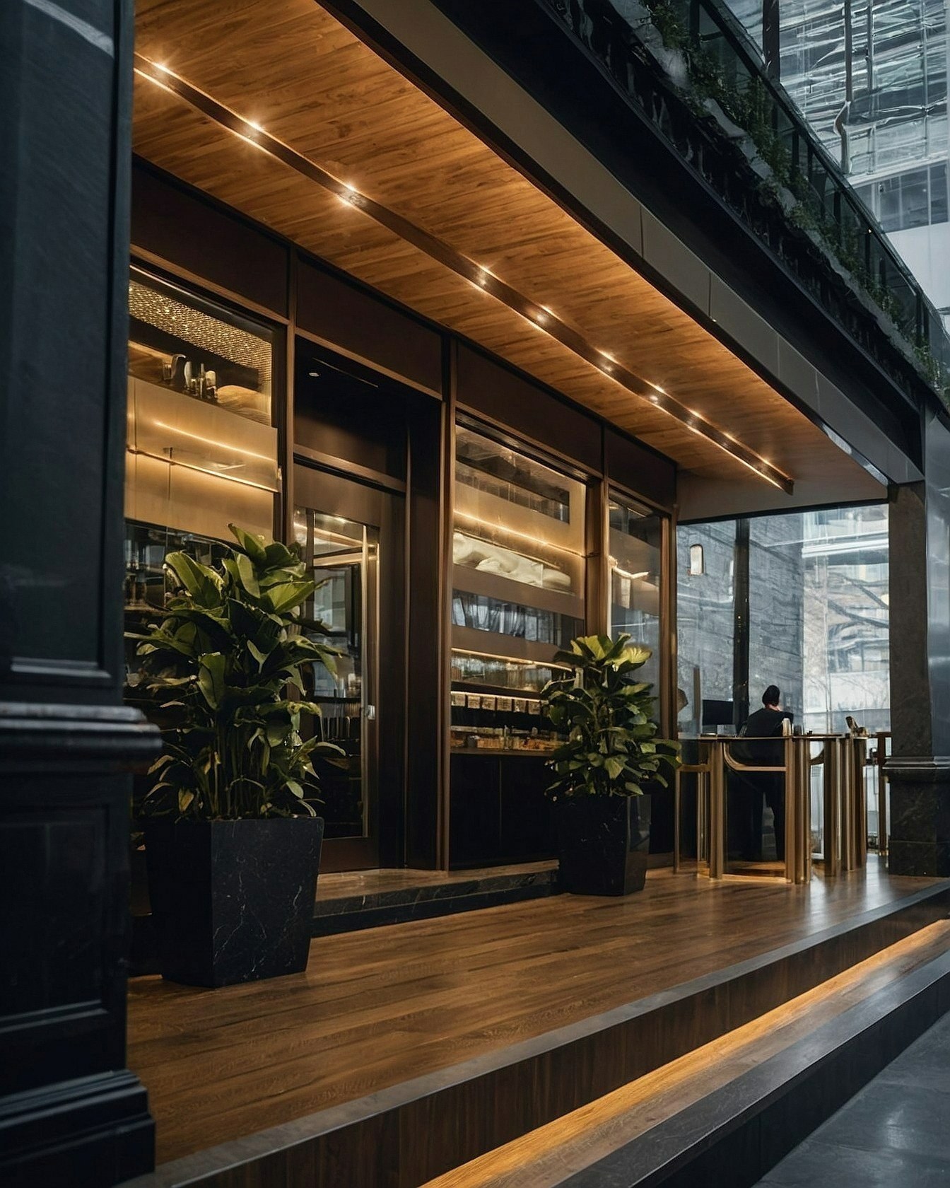Warm wood grain meets cool marble planters