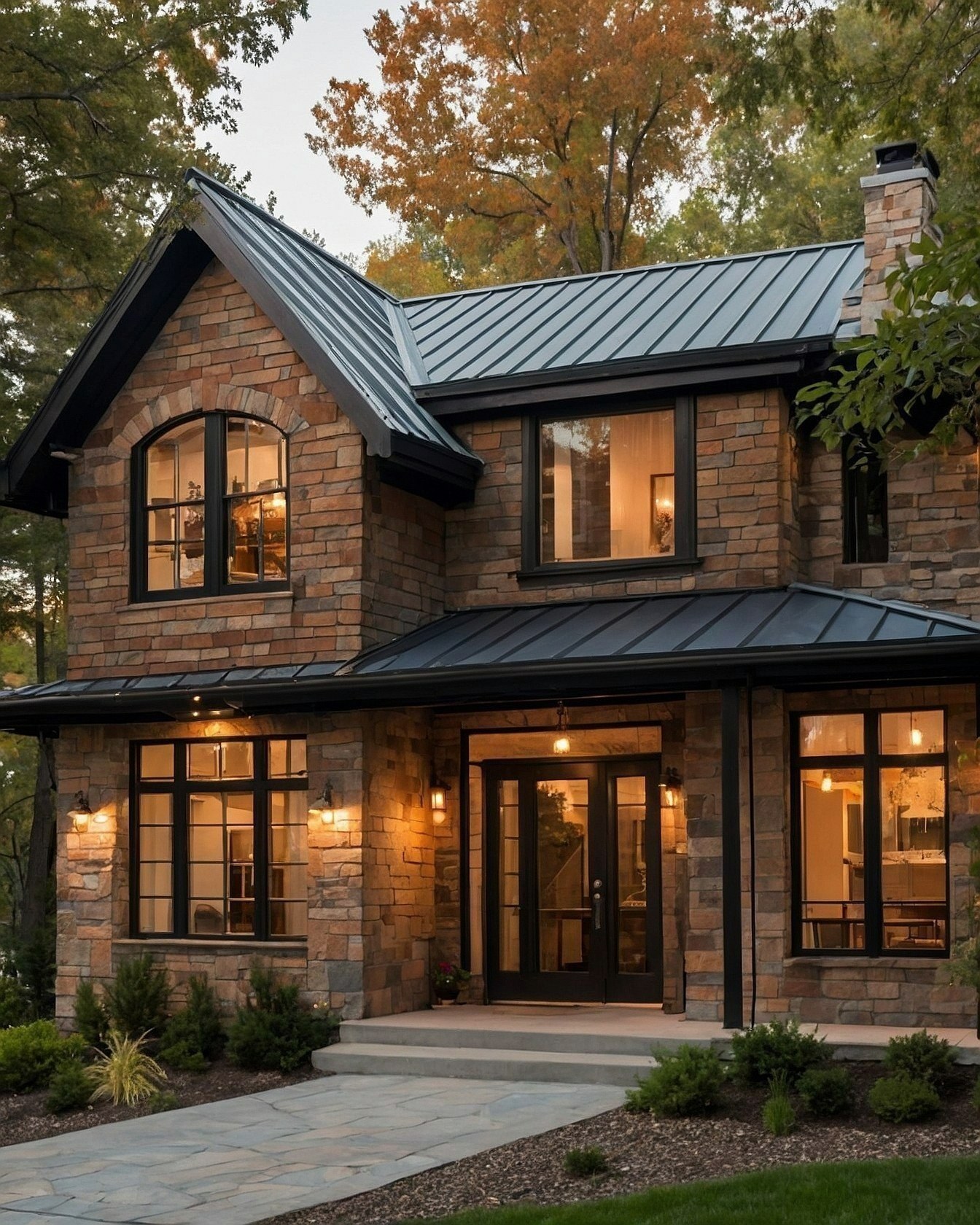 Warm Stone Facade with a Dark Metal Roof