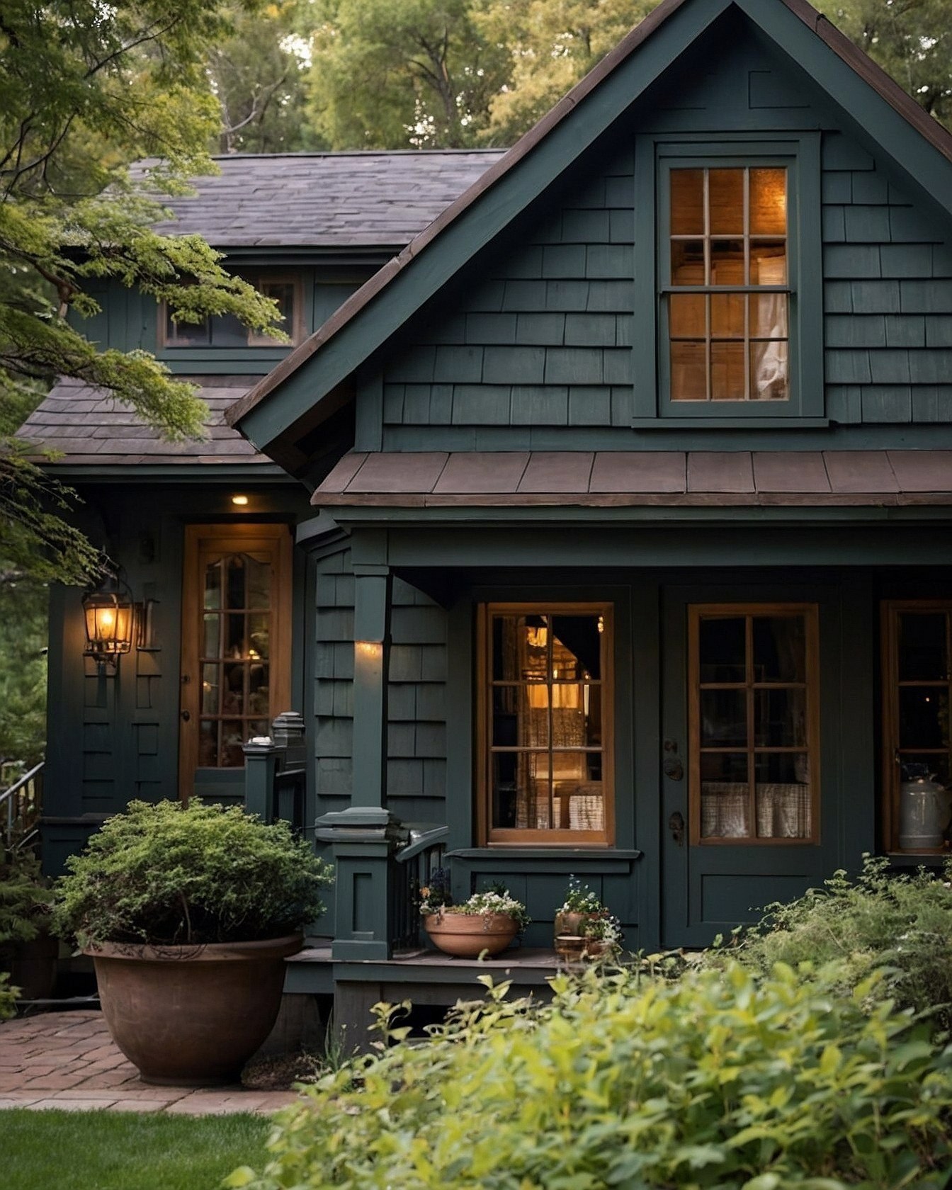 Dark Green Shingles Meet Warm Wood Trim