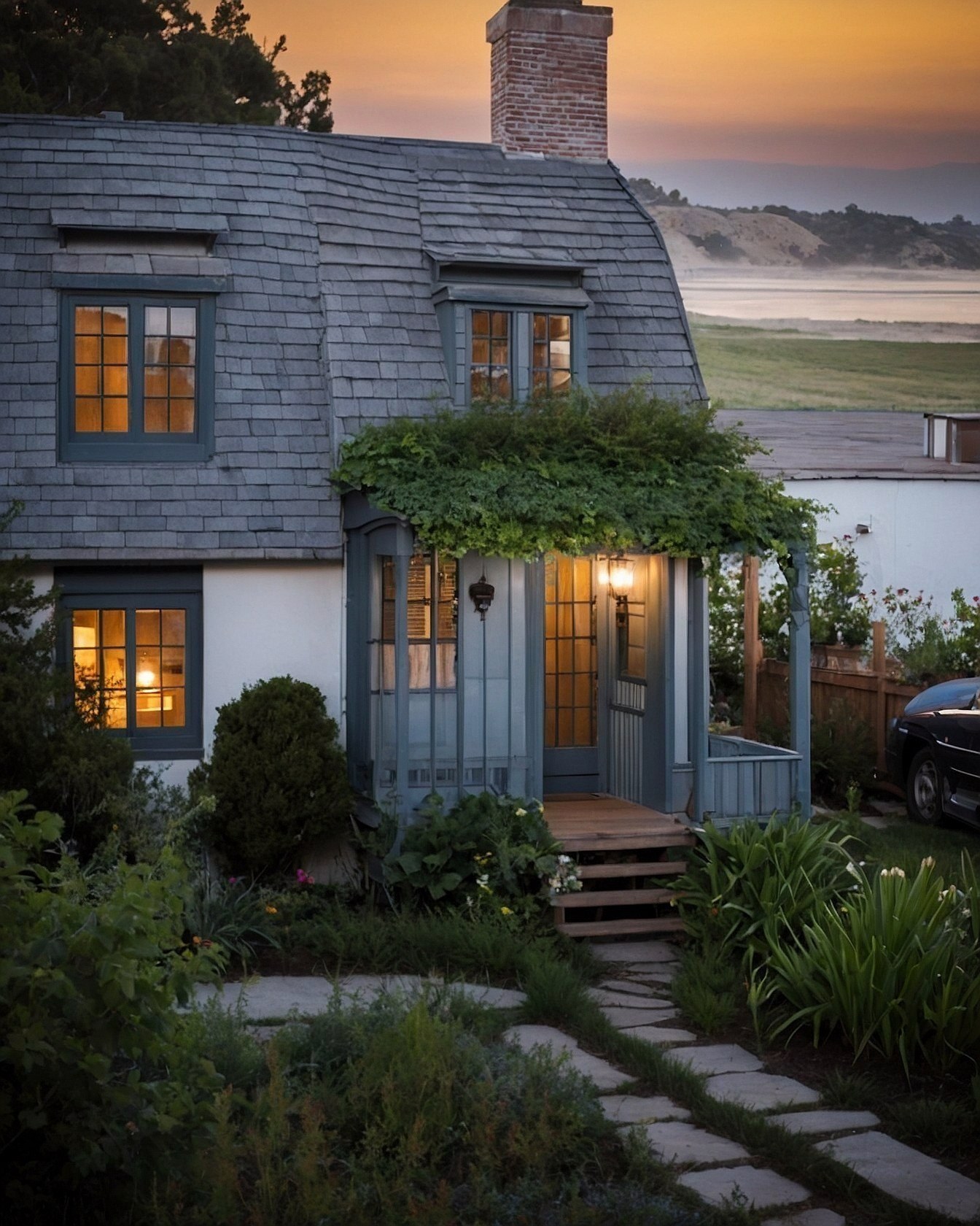 Charming Cottage Entryway Against a Dramatic Sky