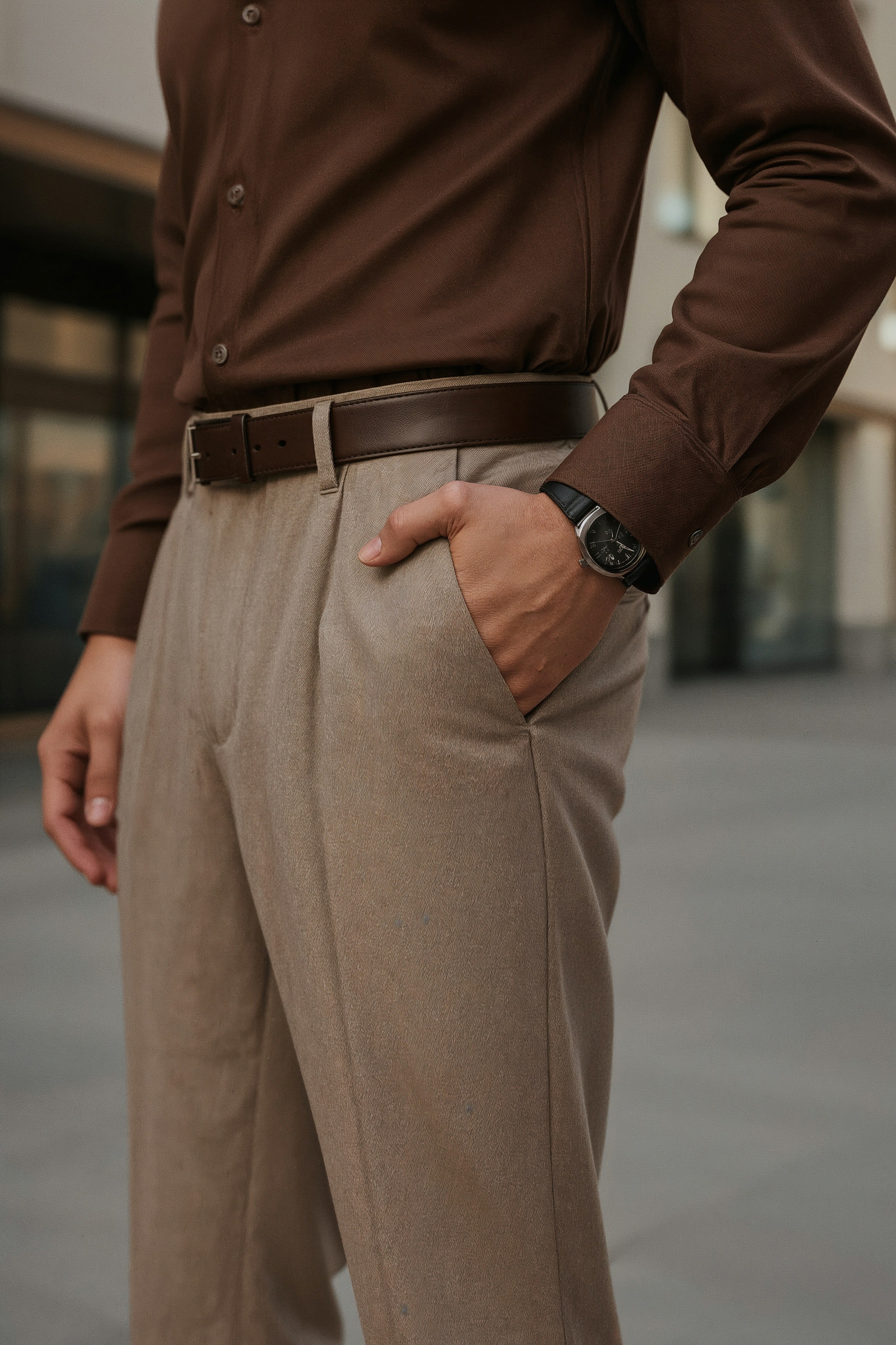 Sophisticated Smart Casual: Brown Shirt & Beige Trousers for Men