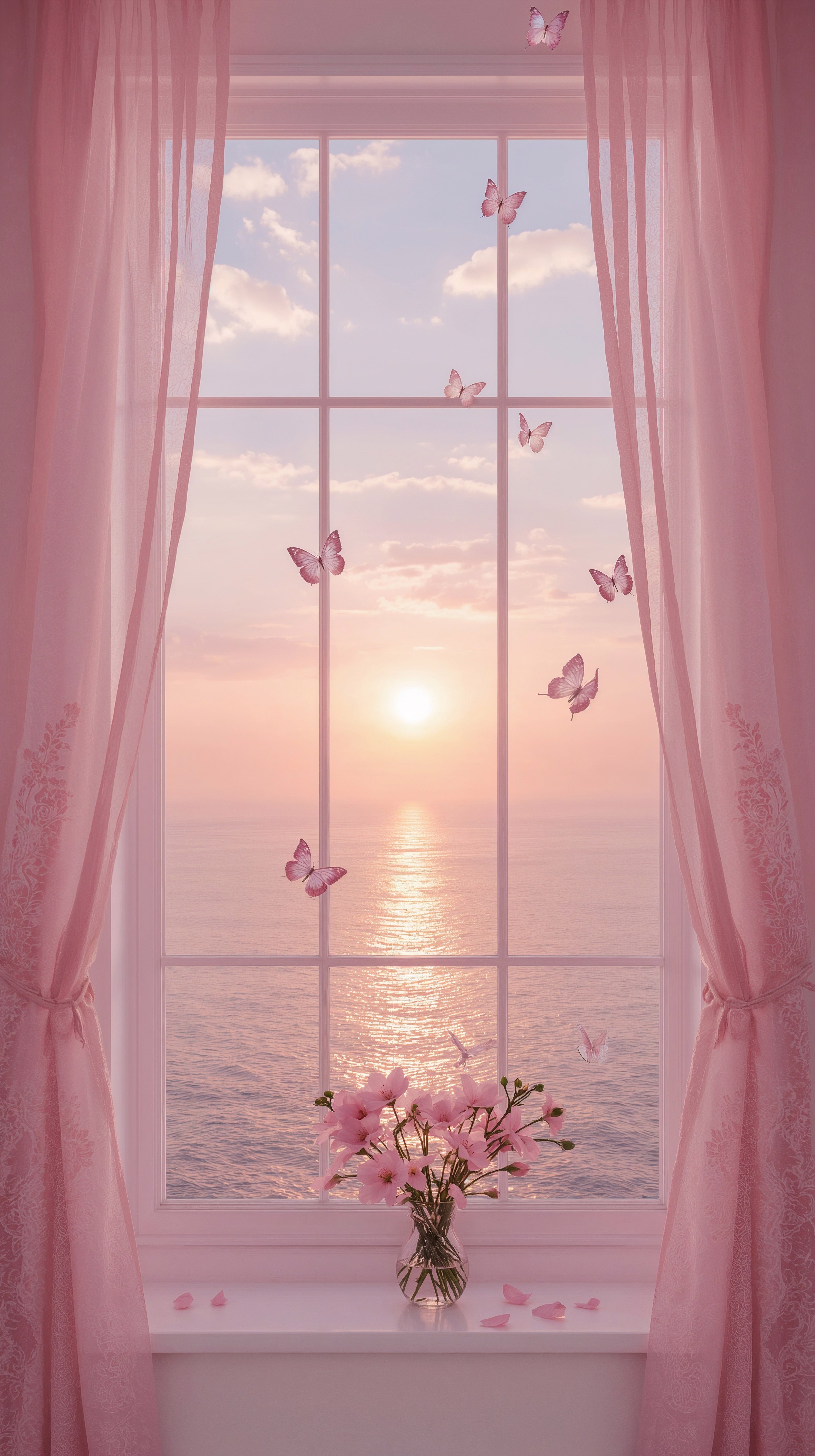 Dreamy Pink Window Aesthetic: Ocean Sunset Decor